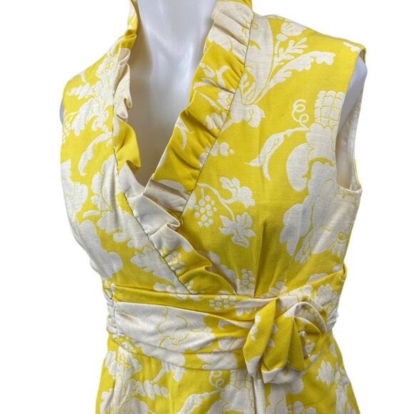 Jessica Howard Yellow Floral Ruffle Faux Wrap Sleeveless Mini Pencil Dress 10P - Picture 3 of 5